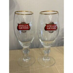 Stella Artois Belgium Beer Glasses Chalice 40CL Set of 2 Gold Rim
